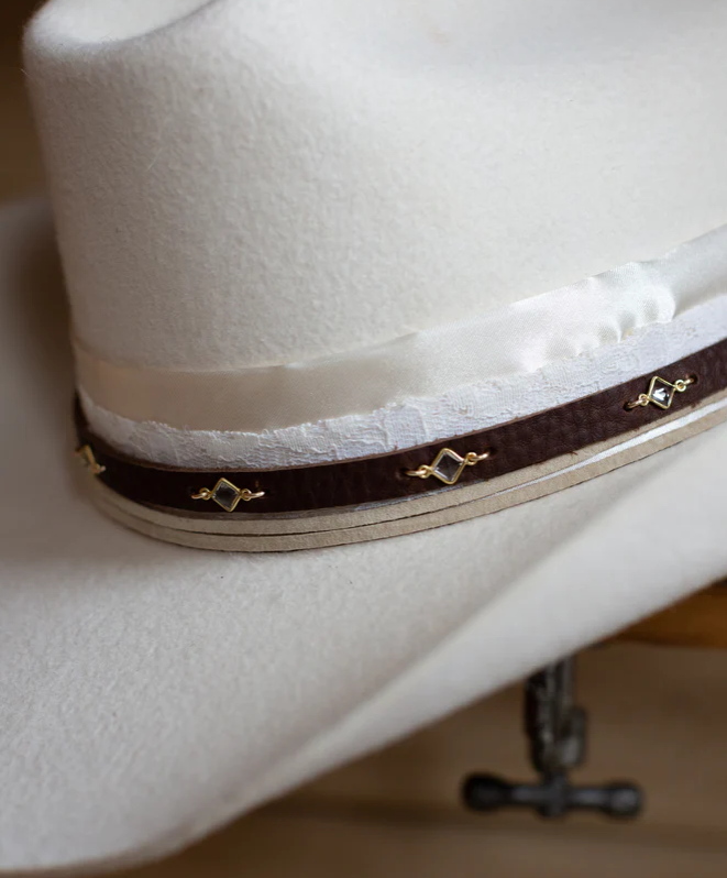 Diamond Shaped Clear Quartz and Leather Hat Band
